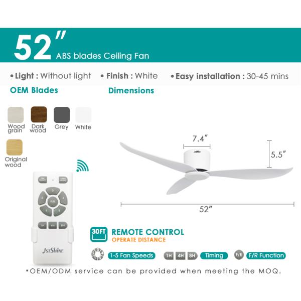 White Modern Flush Mount Ceiling Fan , DC Motor Kitchen Fan Light