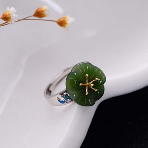 925 Sterling Silver Enamel Natural Jade Ring Open Adjustable Size (059613)