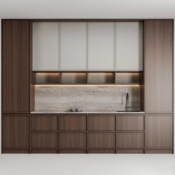 Luxury Modern Wood Door Material Skeleton Line Wood Grain Kitchen Cabinets For Villa