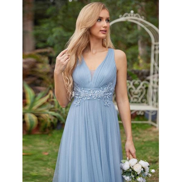 Elegant Empire Beaded Sleeveless V-neck Ruffled Spaghetti Strap A-line Light Blue Tulle Bridesmaid Dress