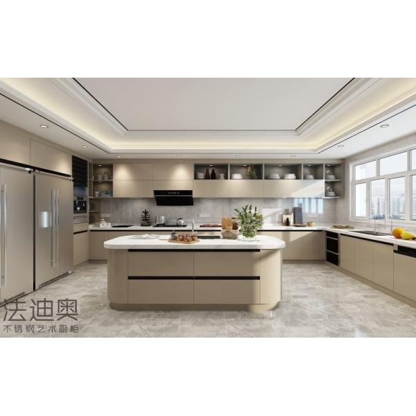 Modern U-Shaped Stainless Steel Kitchen Cabinet With Arched Island And Seamless Appliance Integration