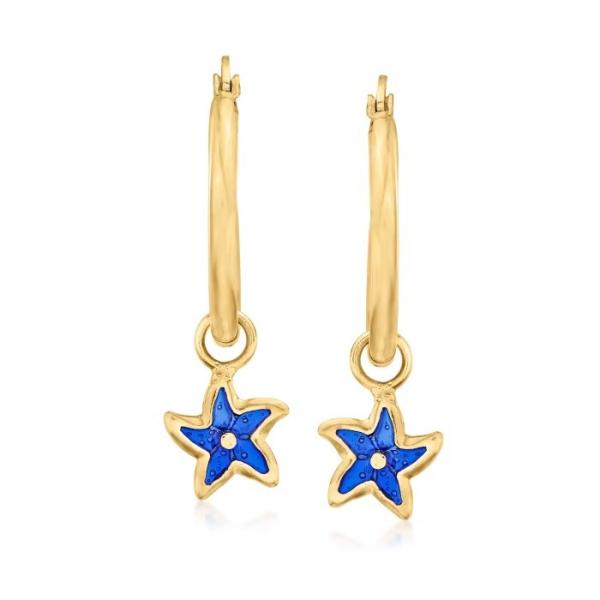 Italian Blue Enamel Starfish Hoop Earrings in 14kt Yellow Gold. 1 1/4