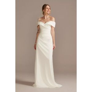 Quality Simply Elegant V-neck Customized Size Zipper Ruffles Off-the-shoulder Sheath White Satin Wedding Dress for sale