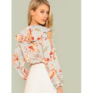 Fashion Floral Print Summer Women Blouse With Ruffle