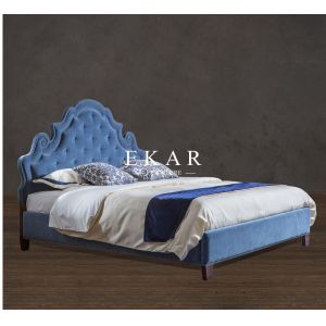 Contemporary Wood Blue Velvet Fabric Double Bed