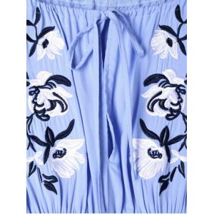 Blue Off Shoulder Mexican Embroidery Beach Casual Dress Women