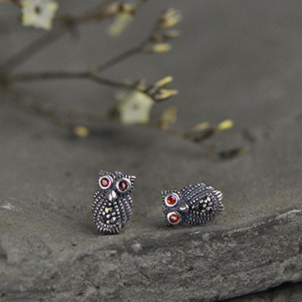 Vintage Owl Design Sterling Silver Stud Earrings(XH023333W)