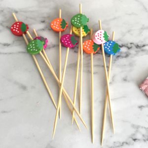Strawberry Shaped Beaded Bamboo Food Picks Cocktail Skewers 100pcs/Pack