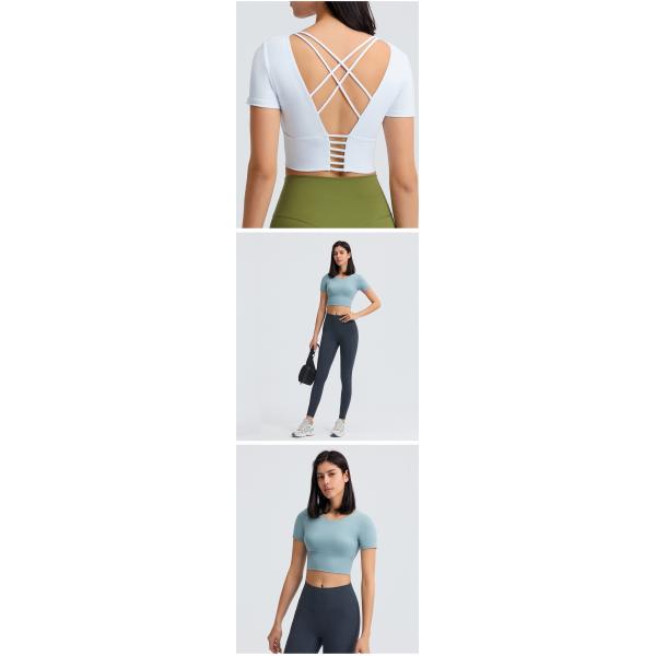 Women Lulu Cropped Yoga Padded T Shirt Breathable Cross Back Gym Energy Top