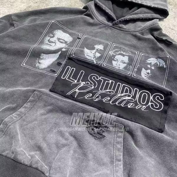Custom Pullover Streetwear Acid Wash Hoodie Heavyweight Vintage Dtg Print Hoodie Embroidery Patchwork Drop Shoulder Hoodie