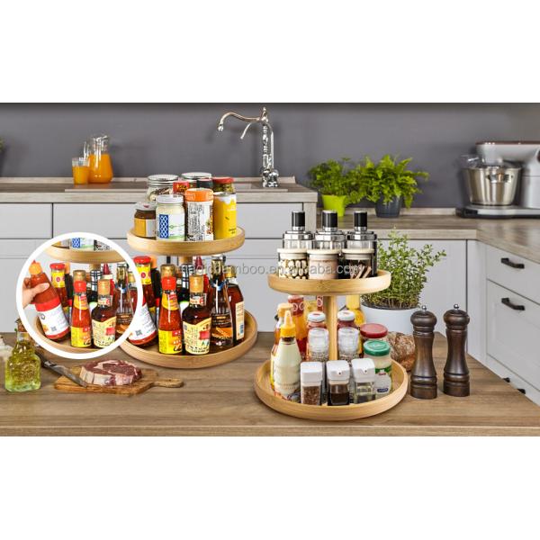 Standing Type 2 Tier Natural Bamboo Lazy Susan Turntable Organizer for Modern Kitchen