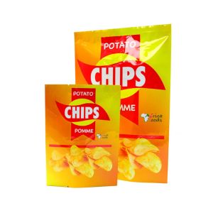 China Laminated Yellow Glossy Food Grade Plastic Bags For Potato Chips Heat Sealing Aluminum Foil Back Side Seal Bag For Snack Package on sale