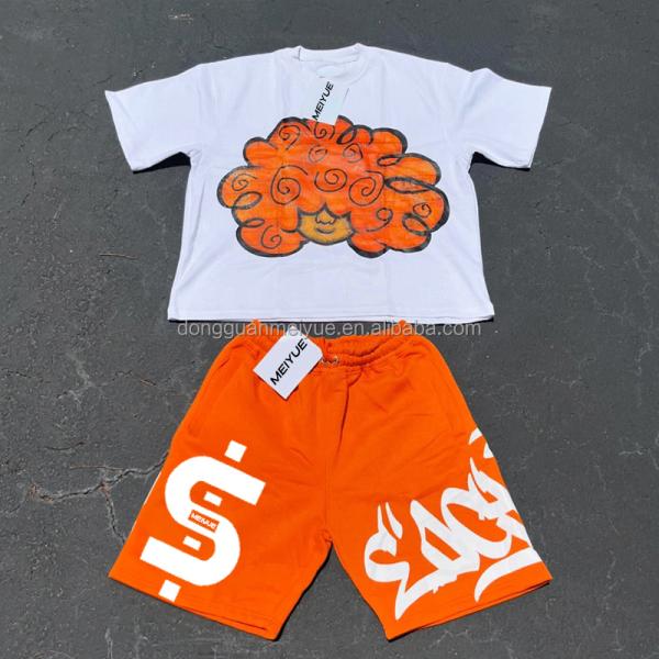 Custom Mens Screen Print Acid Vintage Wash Shorts Cropped Sublimation T Shirts Jogging Summer Graphic Men Tshirt and Shorts Set