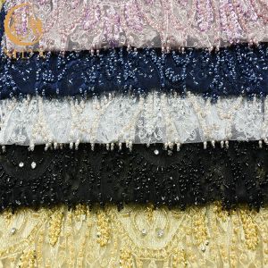 Heavy Sequined Gold Beaded Lace Fabric Soft Handmade 80% Nylon