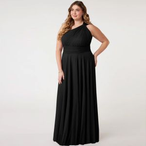Sexy Plus Size A-Line One-Shoulder Chiffon Floor-Length Bridesmaid Dress Black