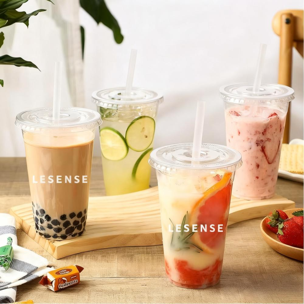 LESENSE Disposable Clear PET Plastic Cups Custom 12 oz 24oz 16oz Cold Drink Coffee Cup With Flat Dome Lids