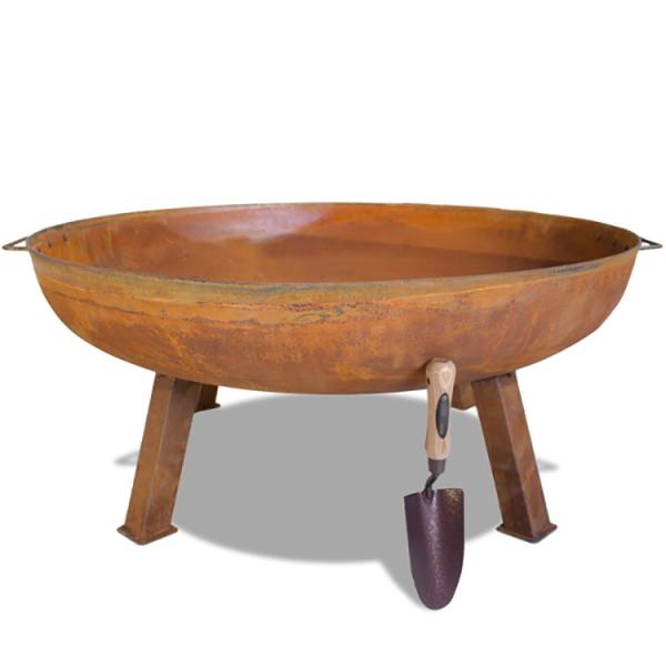 The product must not be installed on a wooden surface. There are holes in the bottom of the fire pit from which small pieces of coal can fall through. The holes in the bottom act as drainage holes to prevent standing water from accumulating inside the fire pit. Corten steel products can be stored outdoors all year round. Does not require storage.