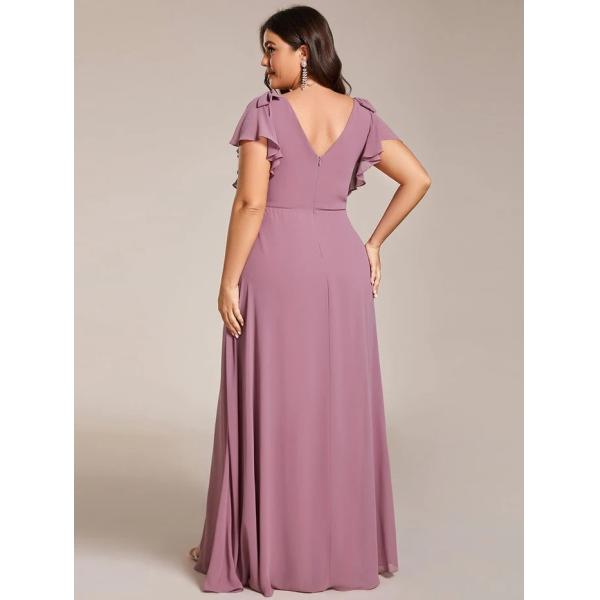 Empire Plus Size Zipper V-neck High Split A-line Short Sleeve Purple Orchid Chiffon Bridesmaid Dress With Ribbon Bow