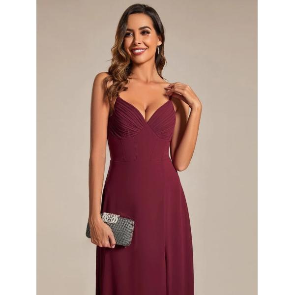 Empire A-line Ruffled V-neck Spaghetti Strap High Slit Corset Top Zipper Burgundy Chiffon Evening Dress