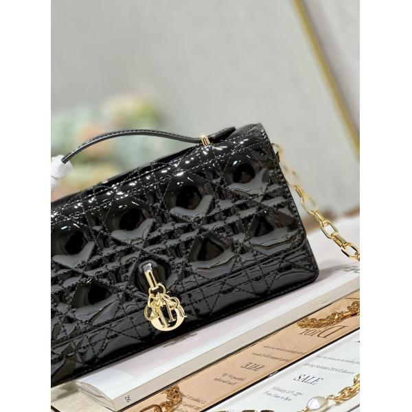Branded Lady Dior Patent Clutch Small Pearl Black Flip Closure