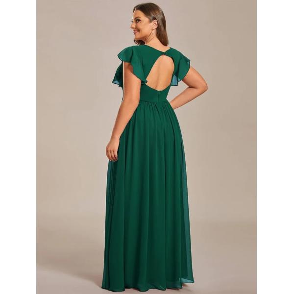 Empire Plus Size V-neck Open Back Ruffled A-line Cap Sleeves Dark Green Chiffon Bridesmaid Dress