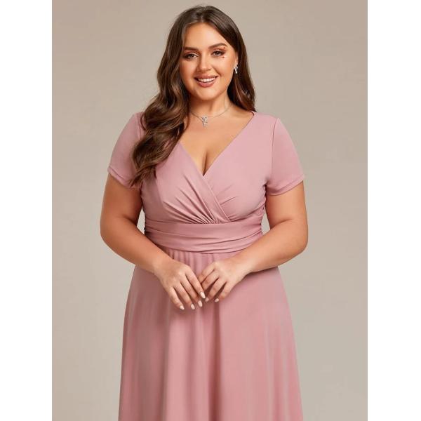 Simple Plus Size V-neck Empire Waist A-line Short Sleeve Zipper Burgundy Chiffon Evening Dress