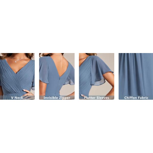 Chic V-neck High-low Short Flutter Sleeves A-line Ruffles Midi Invisible Zipper Teal Chiffon Wedding Bridesmaid Dress
