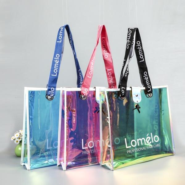 Buy sustainable recyclable Holographic Clear Tote Bag With Leather Handle Iridescent Bachelorette Beach Bag For Work Stadium Travel at wholesale prices