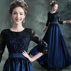 Black O Neck Three Quarter Sleeves Elegant Evening Dresses TSJY013