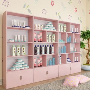White / Pink Shop Display Cabinets , Commercial Display Cases For Cosmetics