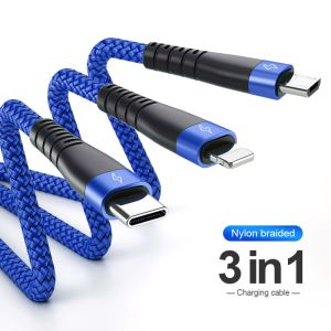 3 In 1 Nylon Braided USB Cable Flexible Phone Charging 3A 1.2M For Iphone