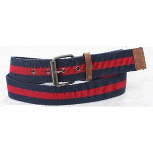 Woven Stripe Tape Red Polyester Webbing Belt Old Silver Roller Buckle Available