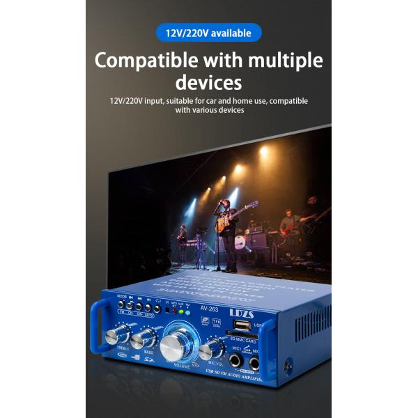 AV-263BT 2.0 Channel 120W HiFi Mini BT Wireless Home & Car Amplifier 110V/220V 12V MP3 Player Receiver