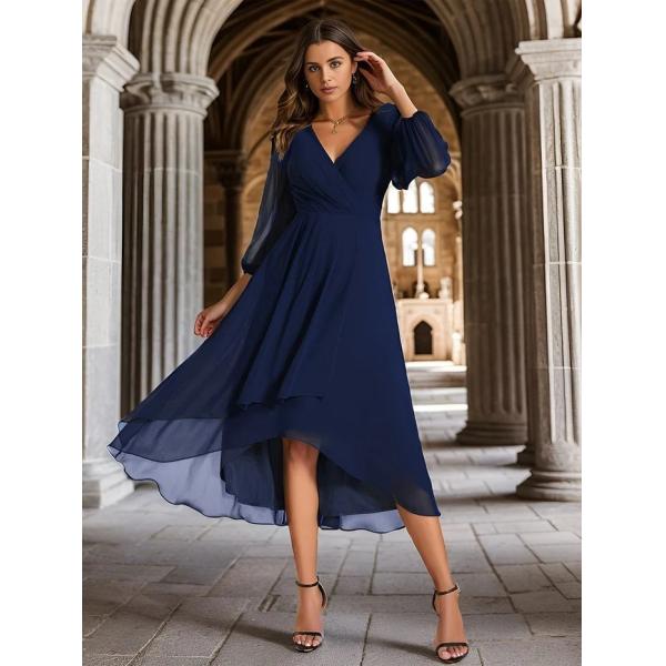 Elegant Empire Long Sleeve V-neck High Low A-line Ruffled Midi Navy Blue Chiffon Wedding Guest Evening Dress