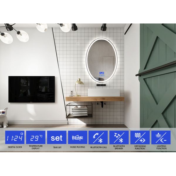 Front Lighted And Backlit Wall Mounted Round Silver Bathroom Mirror With Touch Screen