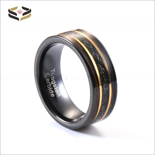 8mm Tungsten Carbide Ring with Gold Line Whiskey Barrel Wood and Meteorite Inlay Trendy Men's Anniversary Selection