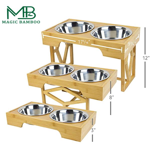 Adjustable Raised Bamboo Pet Feeder 100% Solid Bamboo Stand Dog Bowl