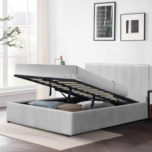 Double Size Upholstered Gas Lift Platform Bed Frames Hydraulic System With Storage