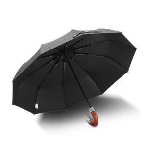 22" 3 Folding Pongee Fabric Wooden Handle Umbrella