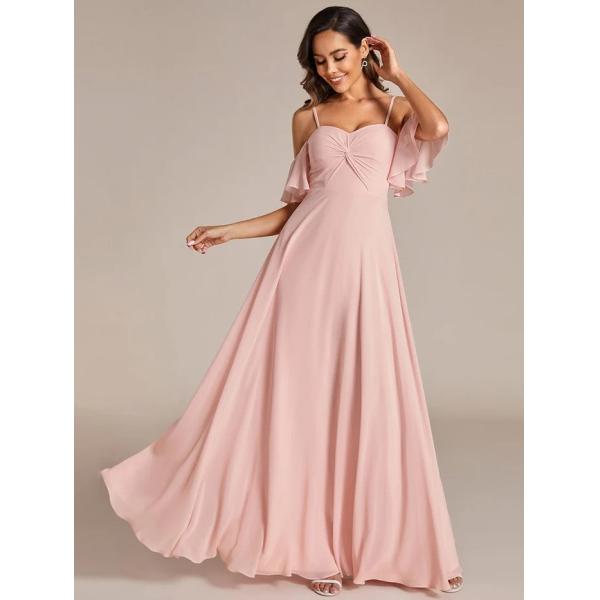 Empire A-line Ruffled Off-shoulder Spaghetti Strap Criss-cross Ruffles Sleeve Mint Green Chiffon Bridesmaid Dresses