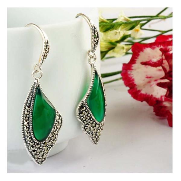 Sterling Silver Green Agate Drop Earrings Wing Style Women Jewelry (E019362GREEN)