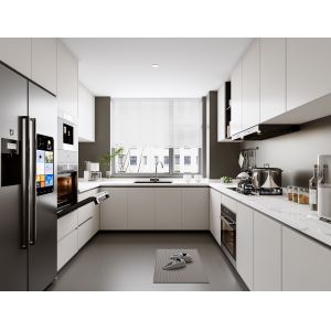 China Modern Wood Grain Stone Surface Melamine Customized MDF Kitchen Cabinetry on sale