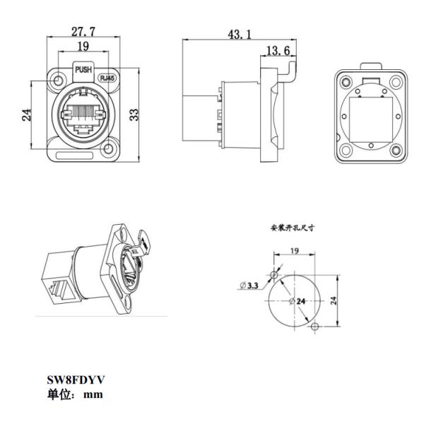 Rj45 Female Ethernet Chassis Connector Industrial IP65 Waterproof