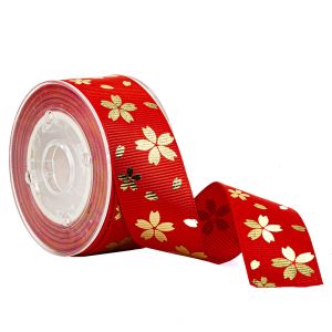 Red Custom Grosgrain Ribbon Printed Gold Flower For Gift Boxes Packaging