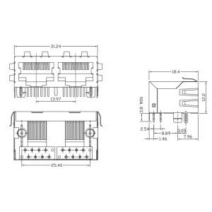 12.2mm Low Profile,Rj45 1x2 8P8C THT Shield No LEDs LPJEF132CNL Dual Ethernet