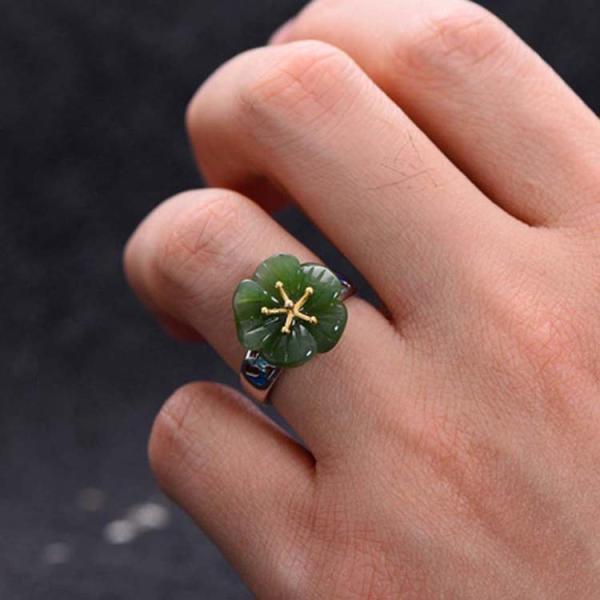 925 Sterling Silver Enamel Natural Jade Ring Open Adjustable Size (059613)