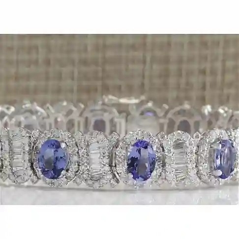 24.70 CTW Natural Tanzanite And CZ Bracelet In 14K Solid White Gold