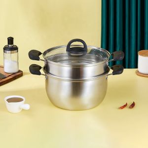 Best Selling Silver Two Layers Pot Stainless Steel Saucepot Food Steamer Pots Soup Pot With Glass Lid