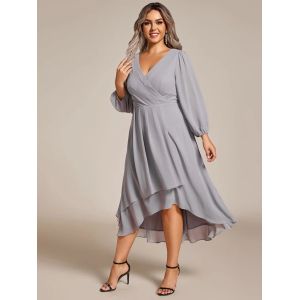 Quality Plus Size Ruffled A-line Long Sleeve V-neck High Low Wedding Guest Grey Chiffon Graduation Dress for sale