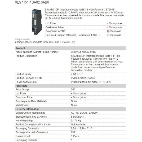 6ES7151-1BA02-0AB0 6ES7 151-1BA02-0AB0 Siemens Interface Module